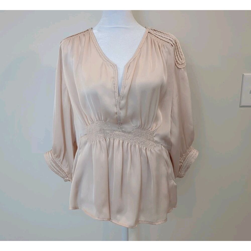 Renee C Satin Women's M Ruched Front Boho Puff Sleeve Top Pink Festival